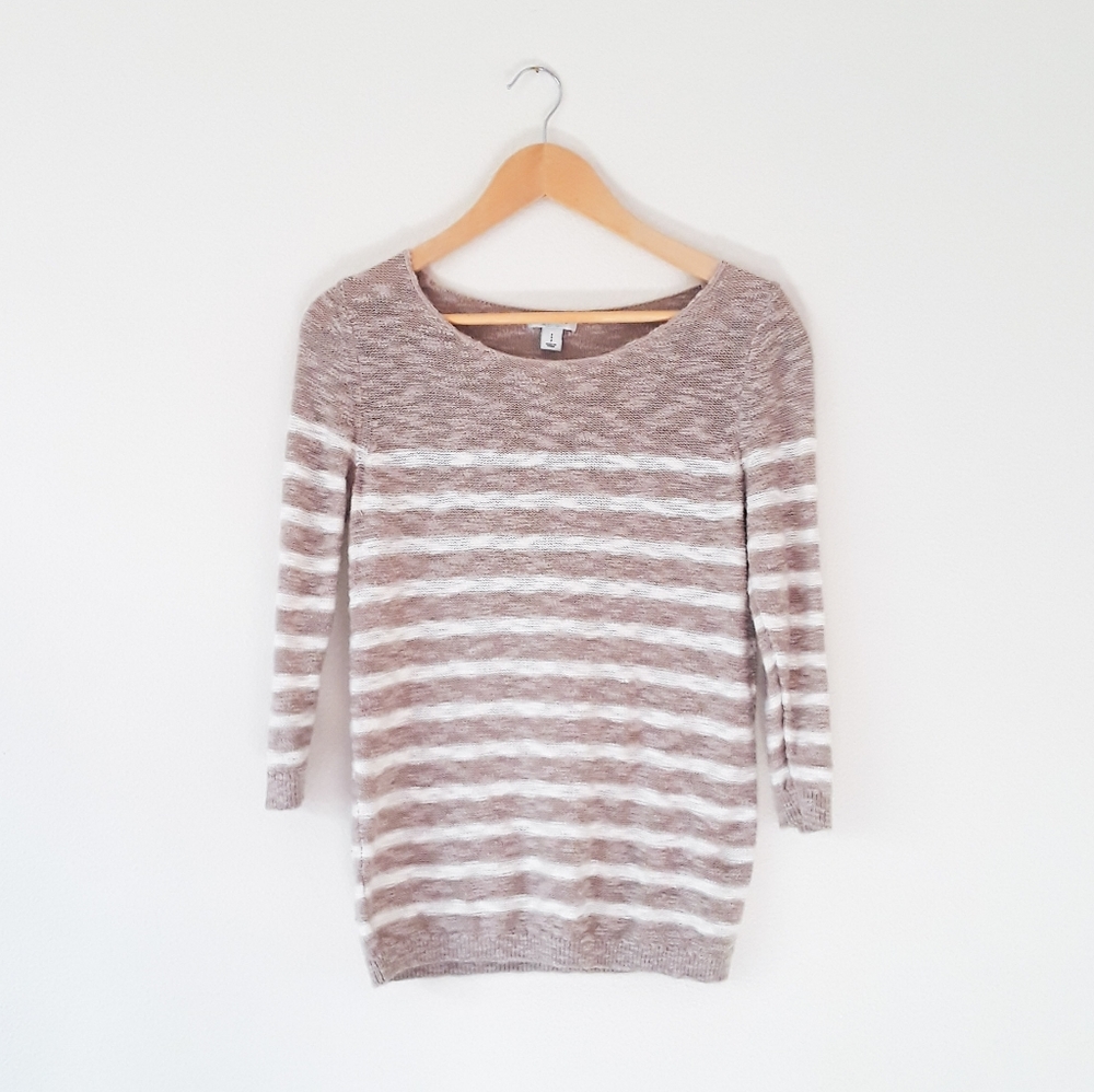 Tan and white stripe 3/4 sleeve sweater